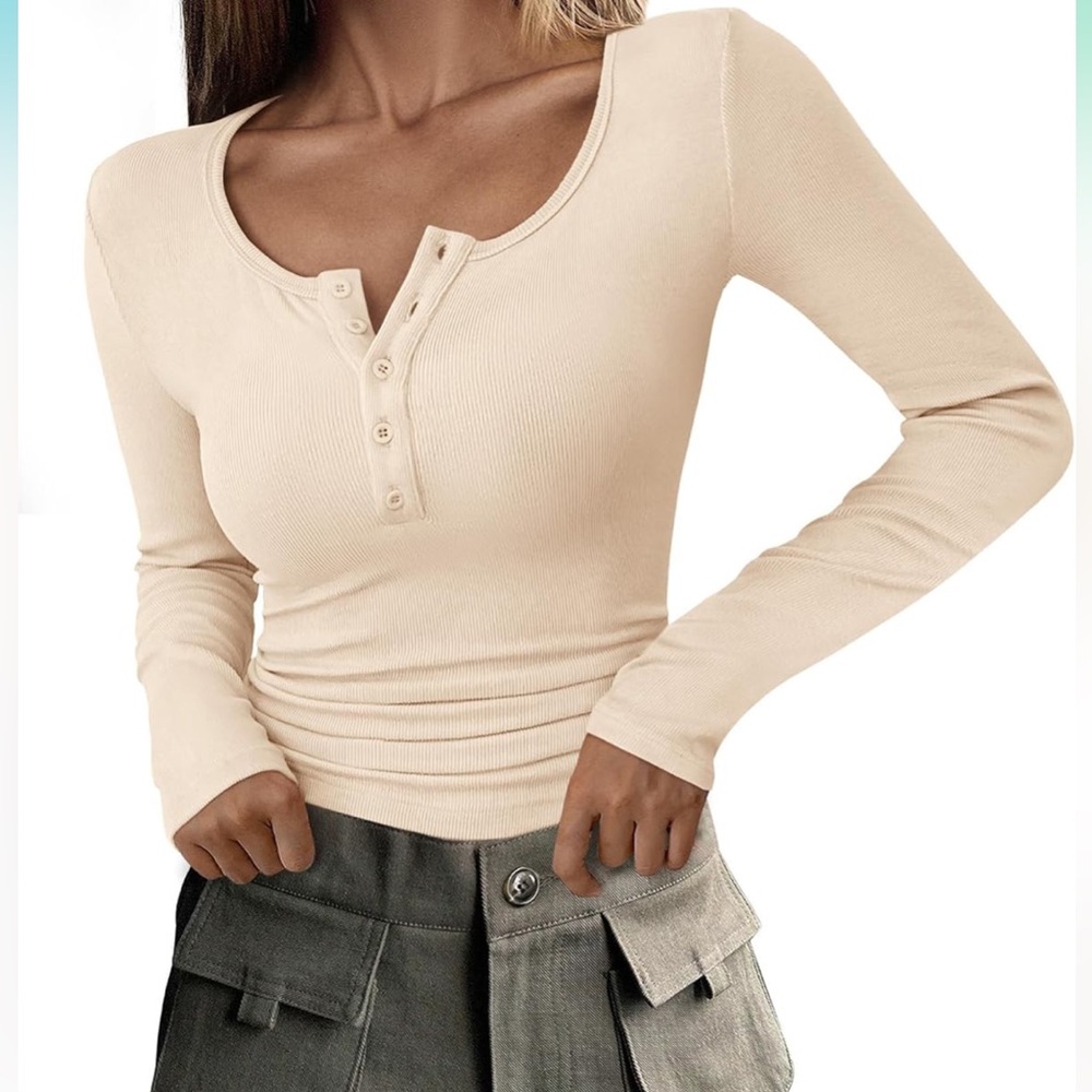 Women's Long Sleeve Ribbed Henley Top-Cream S NWT-Also listed in Set-Offers OK!